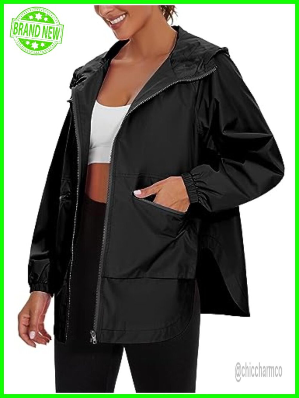 Waterproof Raincoat Lightweight Hooded Windbreaker Trench Jacket with Pockets